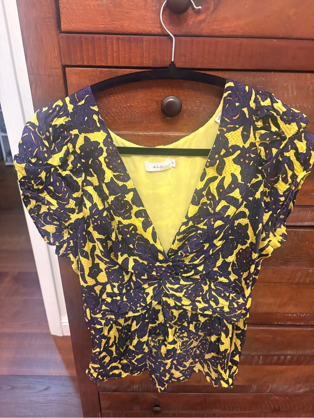 A.L.C. Yellow and Navy Floral V-Neck Blouse